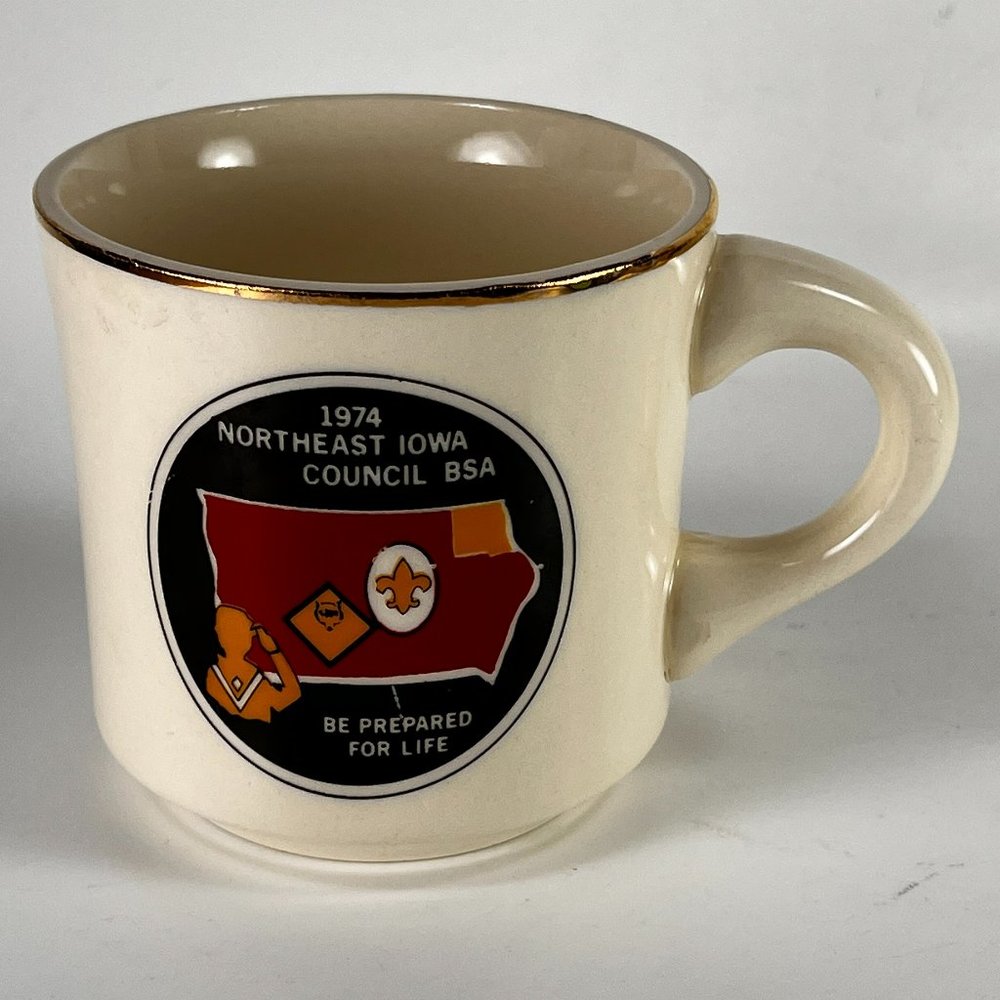 Vtg BSA Boy Scouts America Coffee Cup Mug Northeast Iowa White Ceramic USA 70s